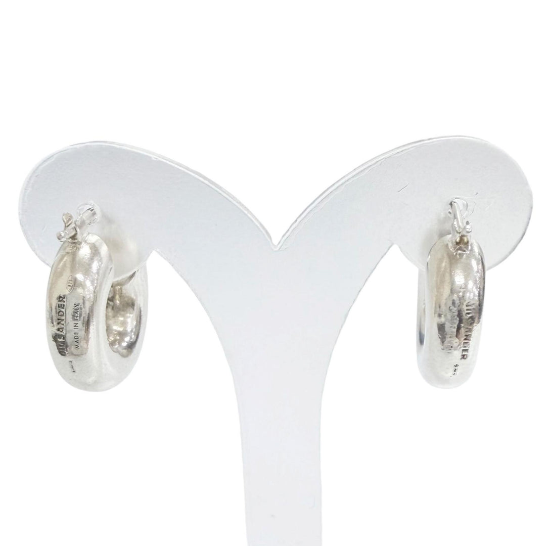 美品△JIL SANDER ジルサンダー 925 ロゴ刻印 チャンキー フープ ピアス アクセサリー 両耳用 シルバー イタリア製 重量14.82g 箱付き