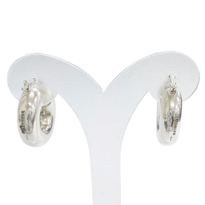 美品△JIL SANDER ジルサンダー 925 ロゴ刻印 チャンキー フープ ピアス アクセサリー 両耳用 シルバー イタリア製 重量14.82g 箱付き