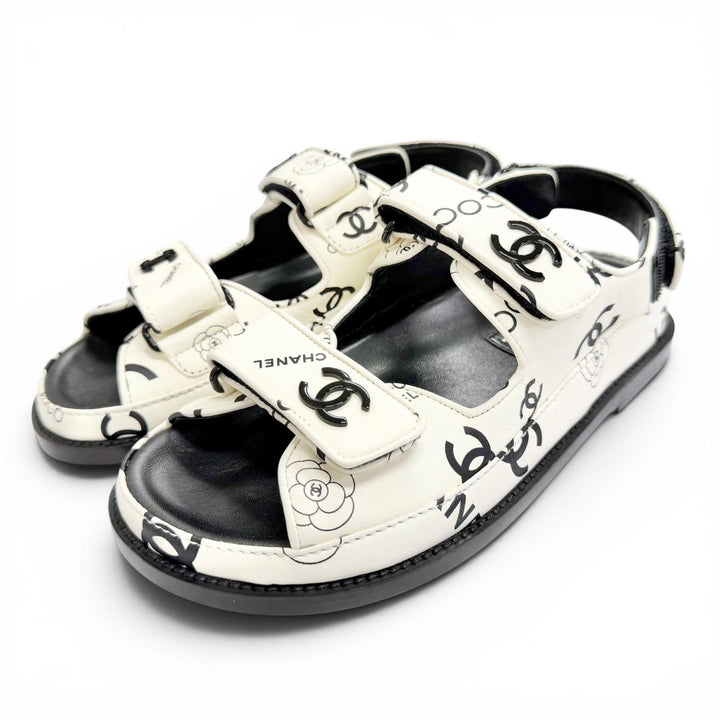 極美品△CHANEL シャネル G35927 ココマーク カメリア ベルクロ フラット レザー サンダル ホワイト ブラック 36 伊製 箱・保存袋付き