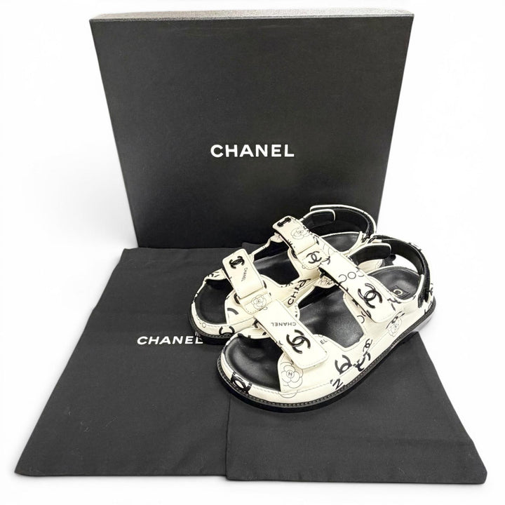 極美品△CHANEL シャネル G35927 ココマーク カメリア ベルクロ フラット レザー サンダル ホワイト ブラック 36 伊製 箱・保存袋付き
