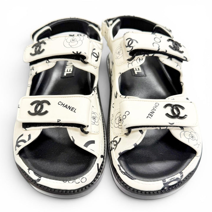 極美品△CHANEL シャネル G35927 ココマーク カメリア ベルクロ フラット レザー サンダル ホワイト ブラック 36 伊製 箱・保存袋付き