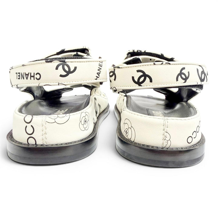 極美品△CHANEL シャネル G35927 ココマーク カメリア ベルクロ フラット レザー サンダル ホワイト ブラック 36 伊製 箱・保存袋付き