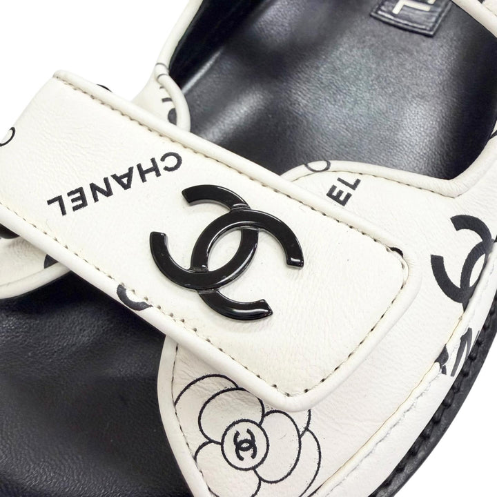 極美品△CHANEL シャネル G35927 ココマーク カメリア ベルクロ フラット レザー サンダル ホワイト ブラック 36 伊製 箱・保存袋付き