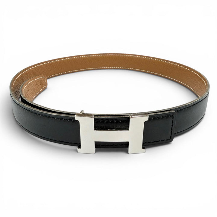 美品◇HERMES エルメス ヴィンテージ レザー シルバー金具 マルジェラ期 Hロゴ ベルト ブラック ブラウン 65 □D刻印 仏製 レディース 箱