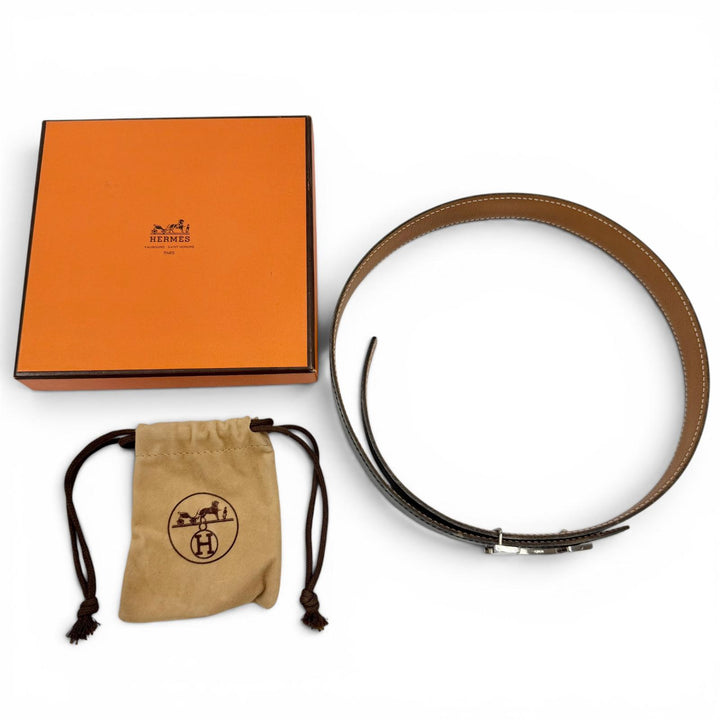 美品◇HERMES エルメス ヴィンテージ レザー シルバー金具 マルジェラ期 Hロゴ ベルト ブラック ブラウン 65 □D刻印 仏製 レディース 箱