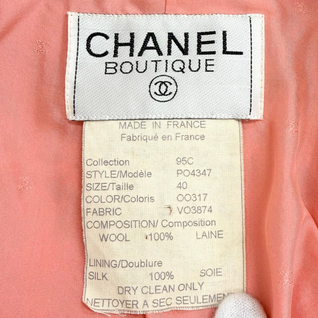 美品△CHANEL シャネル ヴィンテージ 95C P04347 ウール100％ ココマークミラーボタン ショート ジャケット ピンク 40 仏製 レディース