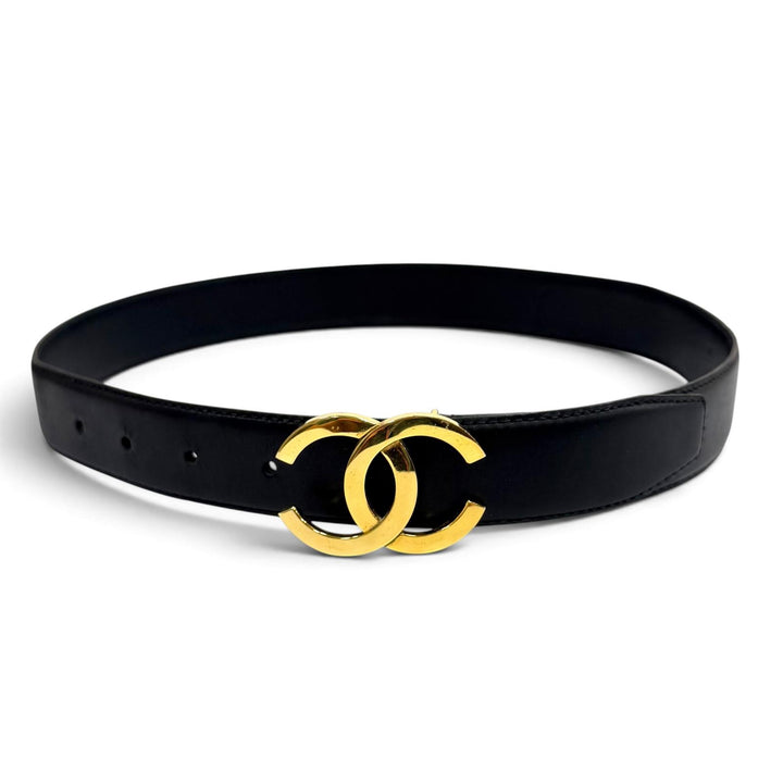 良品★CHANEL シャネル ヴィンテージ ココマーク レザー ベルト ブラック ゴールド金具 65/26 フランス製 レディース