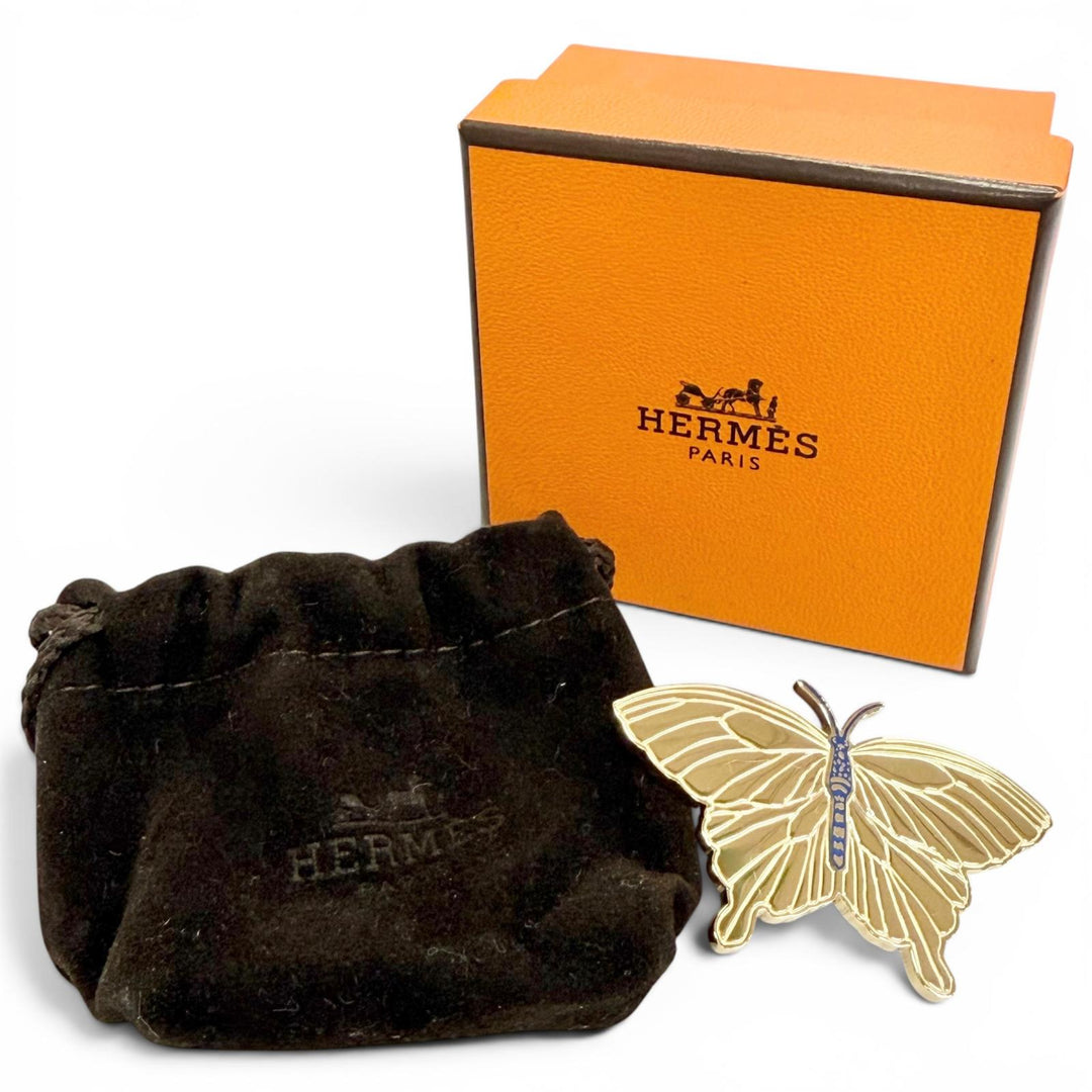 美品△HERMES エルメス スカーフリング パピヨン パーマブラス マリン バタフライ ツイリーリング フランス製 レディース 箱・保存袋付き