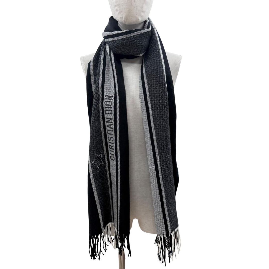 極美品◇DIOR ディオール 84DIS300A100 ウール100％ フリンジ付き ロゴ マフラー ブラック グレー 全長200cm 幅70cm イタリア製 正規品