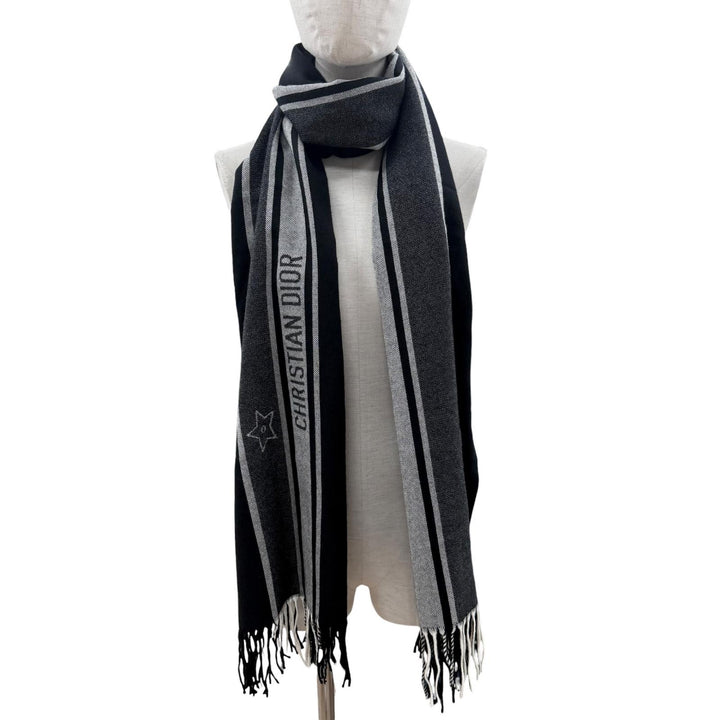 極美品◇DIOR ディオール 84DIS300A100 ウール100％ フリンジ付き ロゴ マフラー ブラック グレー 全長200cm 幅70cm イタリア製 正規品