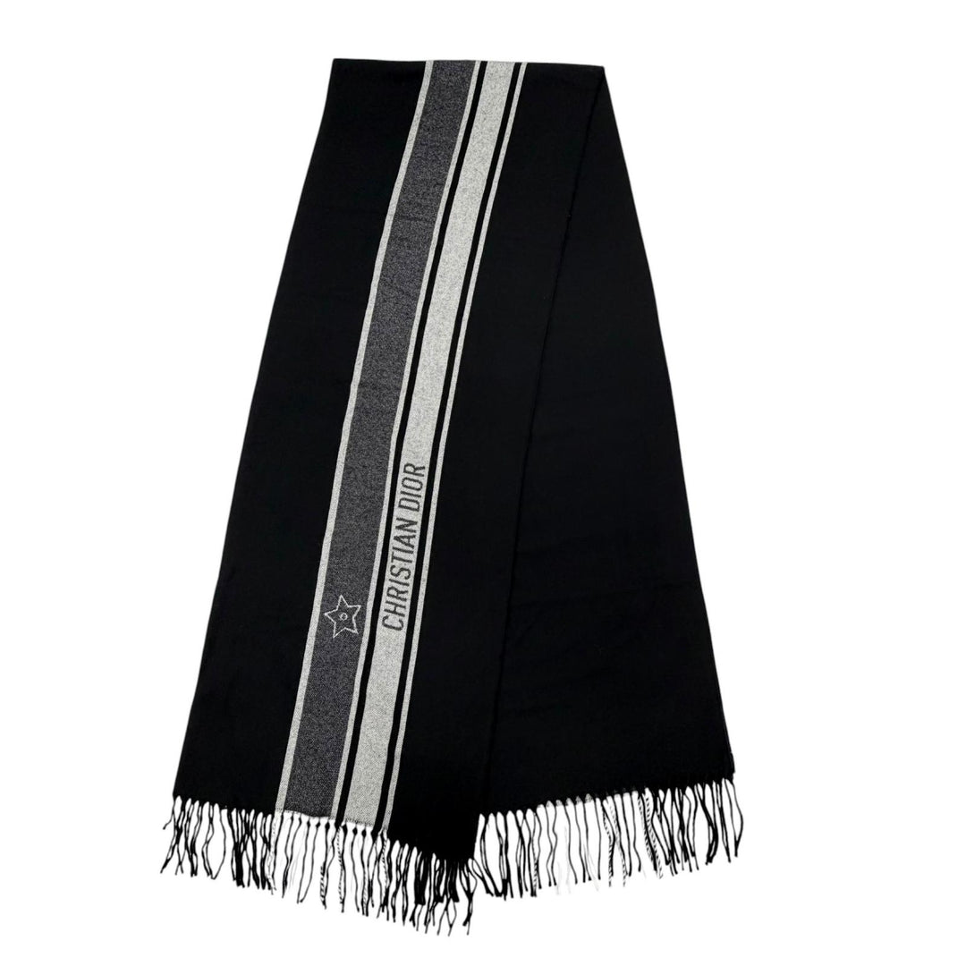 極美品◇DIOR ディオール 84DIS300A100 ウール100％ フリンジ付き ロゴ マフラー ブラック グレー 全長200cm 幅70cm イタリア製 正規品