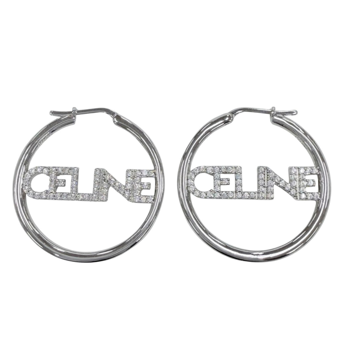 美品◇CELINE セリーヌ STT3273 ラインストーン ロゴ ラインストーン モノクローム ストラスフープ ピアス 両耳用 シルバー 箱・保存袋付