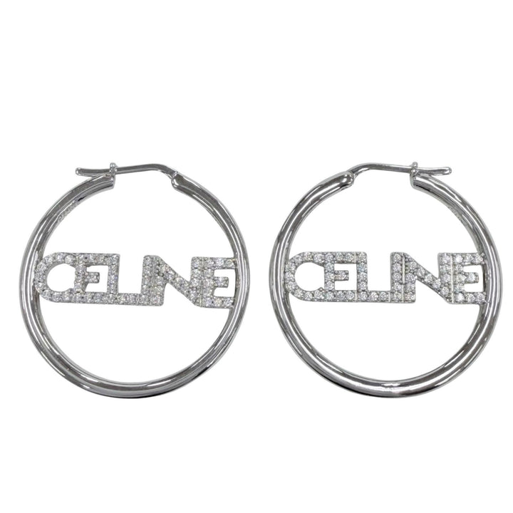美品◇CELINE セリーヌ STT3273 ラインストーン ロゴ ラインストーン モノクローム ストラスフープ ピアス 両耳用 シルバー 箱・保存袋付