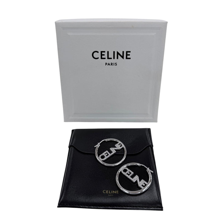 美品◇CELINE セリーヌ STT3273 ラインストーン ロゴ ラインストーン モノクローム ストラスフープ ピアス 両耳用 シルバー 箱・保存袋付