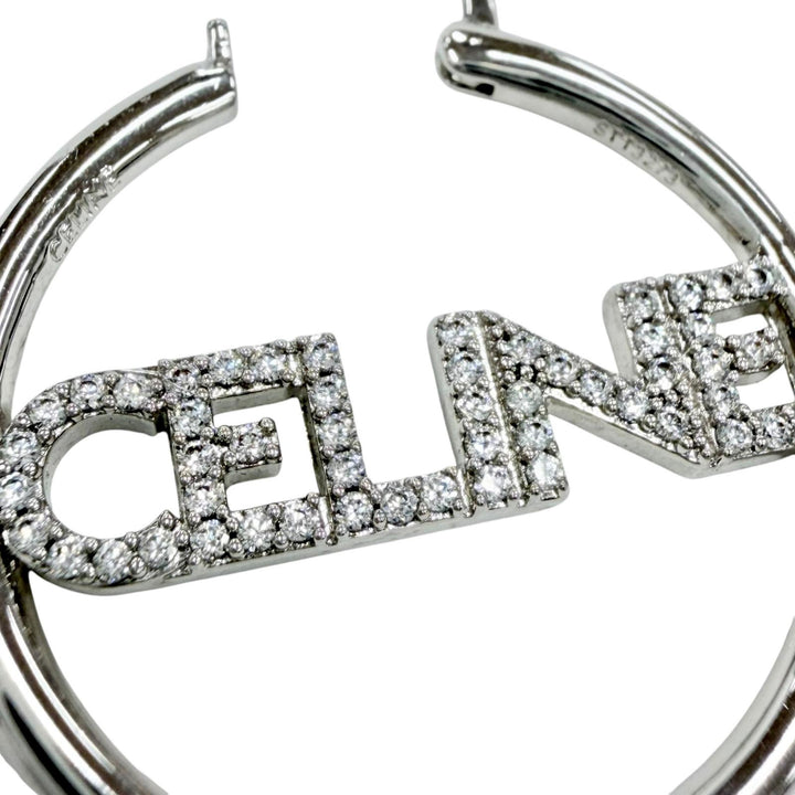 美品◇CELINE セリーヌ STT3273 ラインストーン ロゴ ラインストーン モノクローム ストラスフープ ピアス 両耳用 シルバー 箱・保存袋付