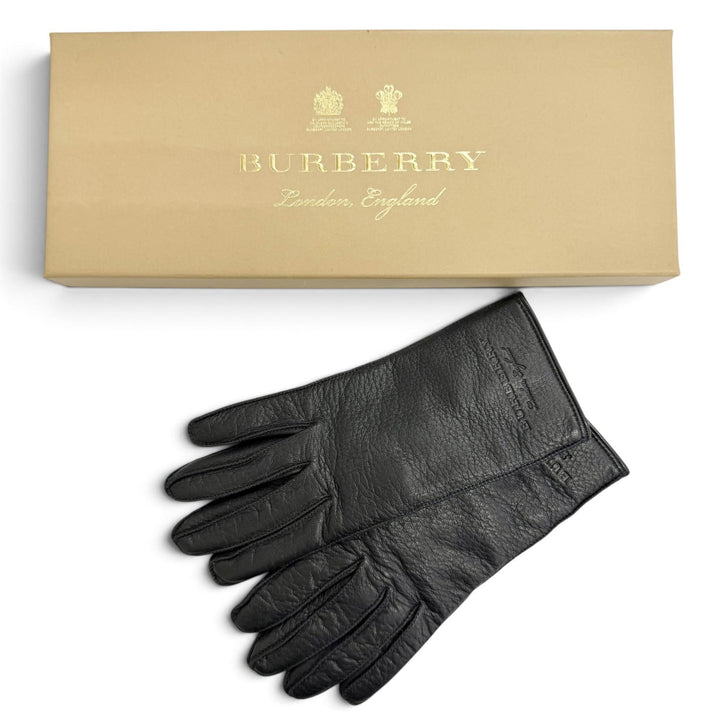美品△BURBERRY バーバリー 4060479 鹿革 ロゴ型押し ディアスキン レザーグローブ 手袋 ブラック 7.5 イタリア製 レディース 箱付き