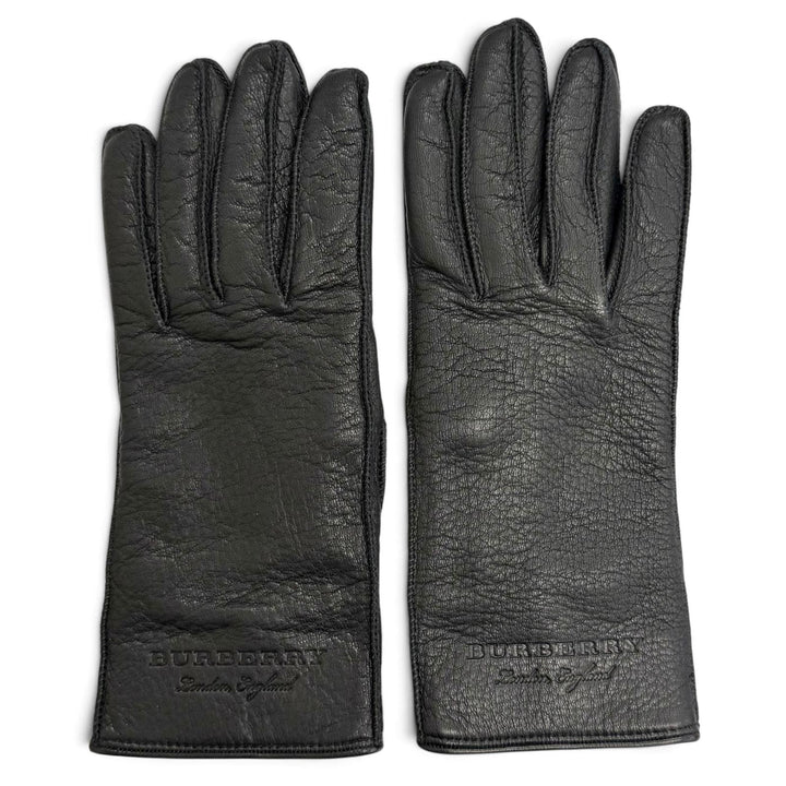 美品△BURBERRY バーバリー 4060479 鹿革 ロゴ型押し ディアスキン レザーグローブ 手袋 ブラック 7.5 イタリア製 レディース 箱付き