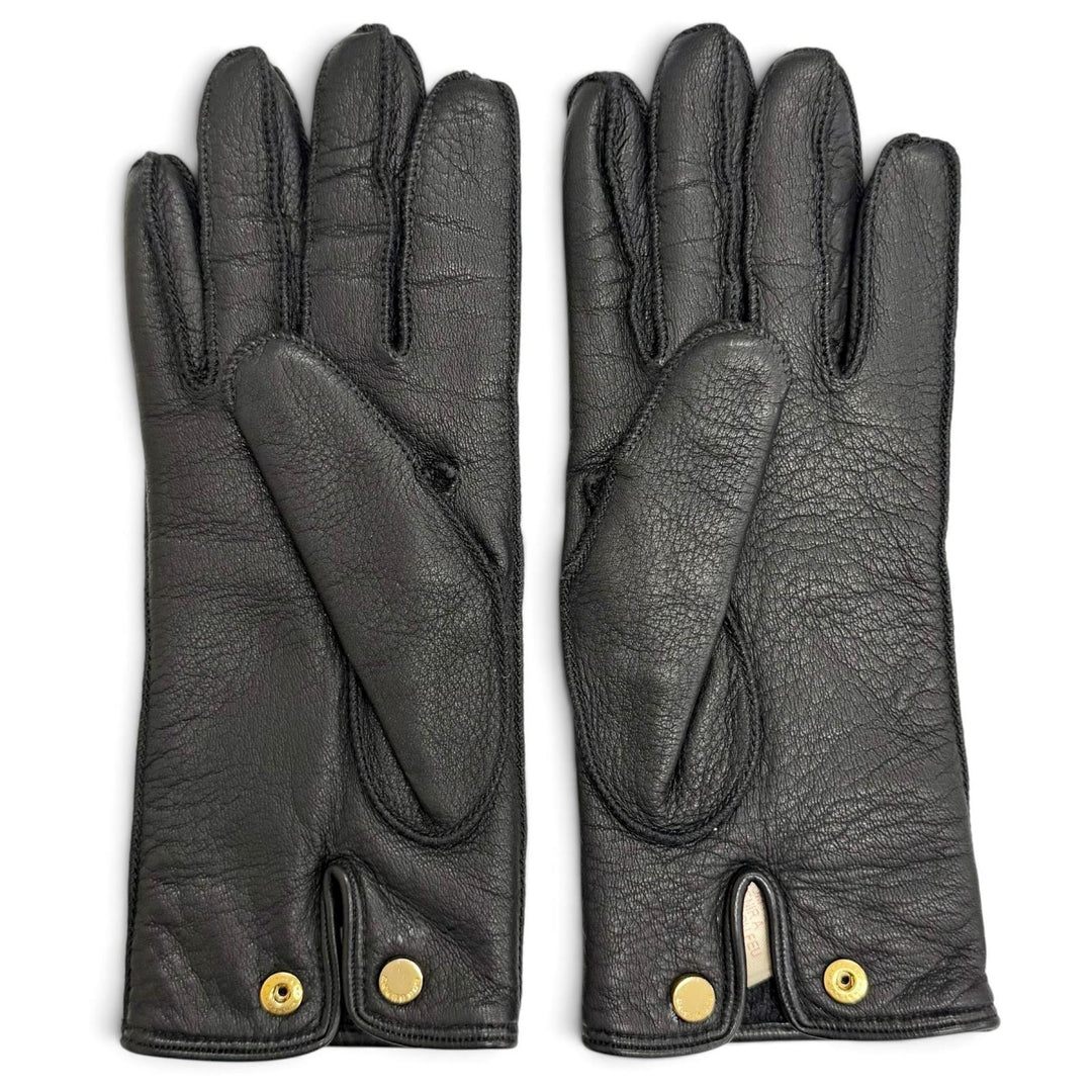 美品△BURBERRY バーバリー 4060479 鹿革 ロゴ型押し ディアスキン レザーグローブ 手袋 ブラック 7.5 イタリア製 レディース 箱付き
