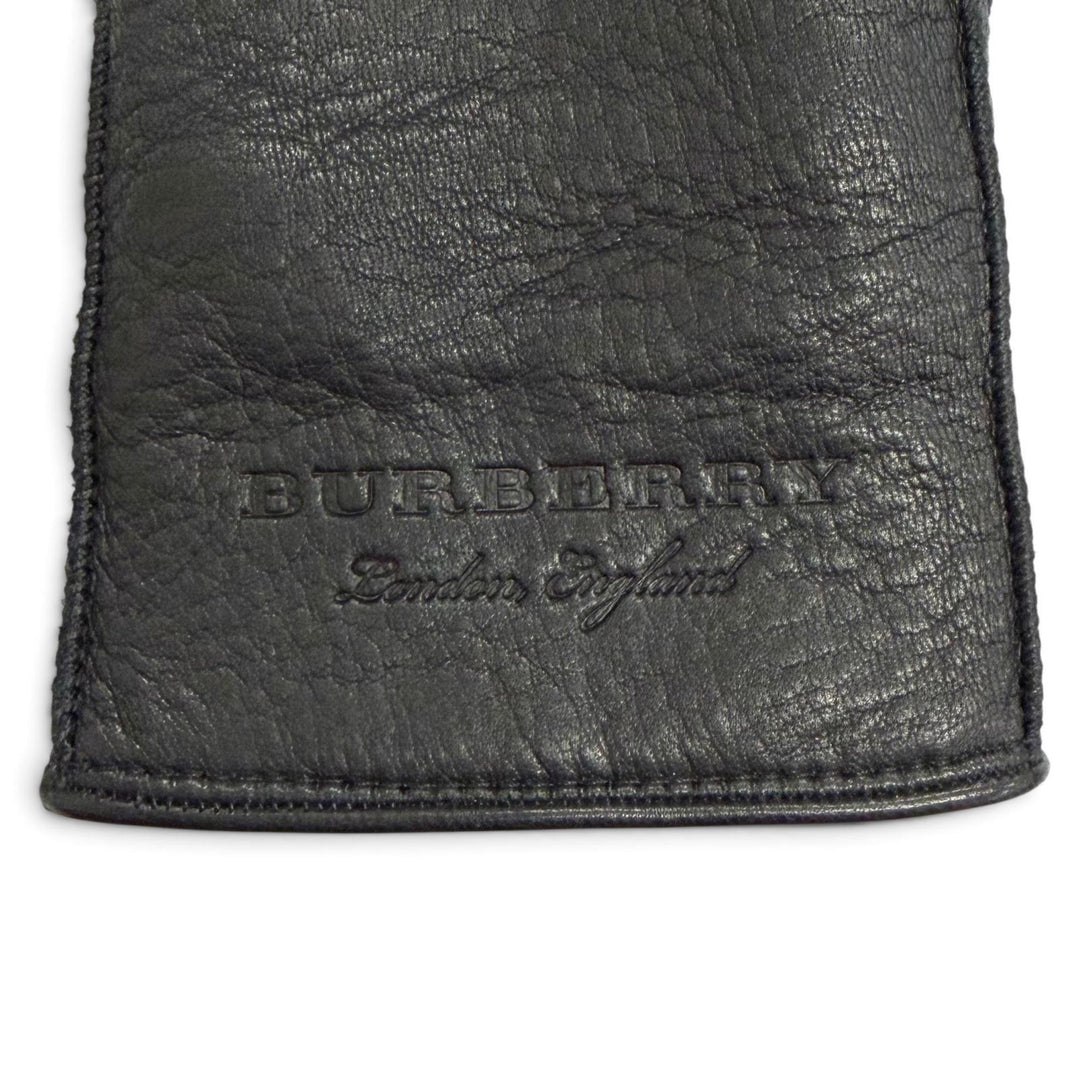 美品△BURBERRY バーバリー 4060479 鹿革 ロゴ型押し ディアスキン レザーグローブ 手袋 ブラック 7.5 イタリア製 レディース 箱付き