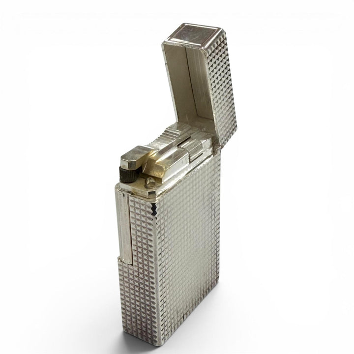 極美品▼Dupont デュポン ライン1 スクエア ロング ダイヤモンドヘッド ローラー式 ガス ライター シルバー 仏製 筆記確認済み 箱付き