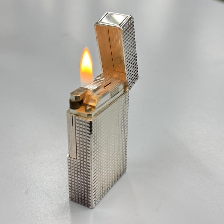 極美品▼Dupont デュポン ライン1 スクエア ロング ダイヤモンドヘッド ローラー式 ガス ライター シルバー 仏製 筆記確認済み 箱付き