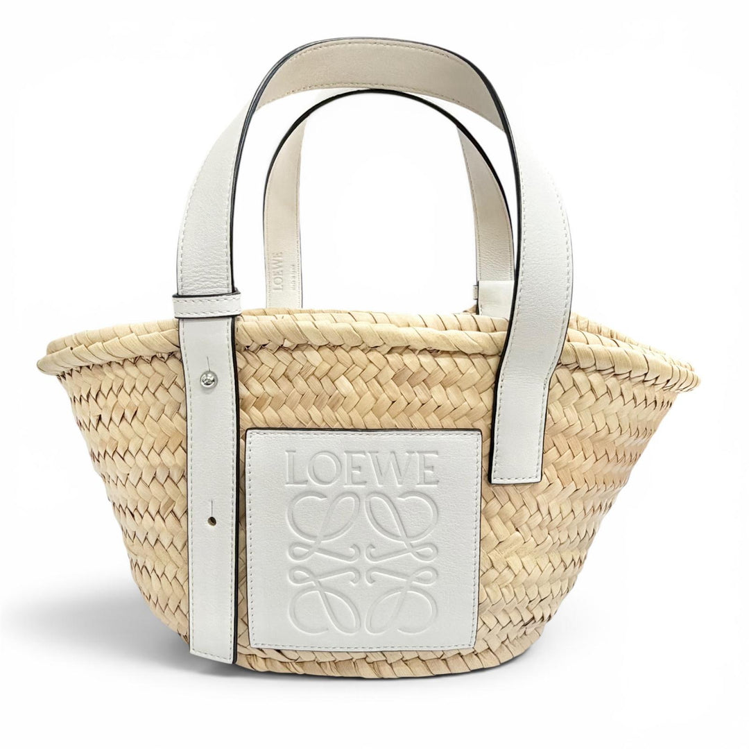 極美品△LOEWE ロエベ A223S93X04 バスケットバッグ スモール パームリーフ レザー アナグラム カゴバッグ ハンドバッグ ナチュラル 白