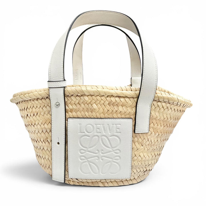 極美品△LOEWE ロエベ A223S93X04 バスケットバッグ スモール パームリーフ レザー アナグラム カゴバッグ ハンドバッグ ナチュラル 白