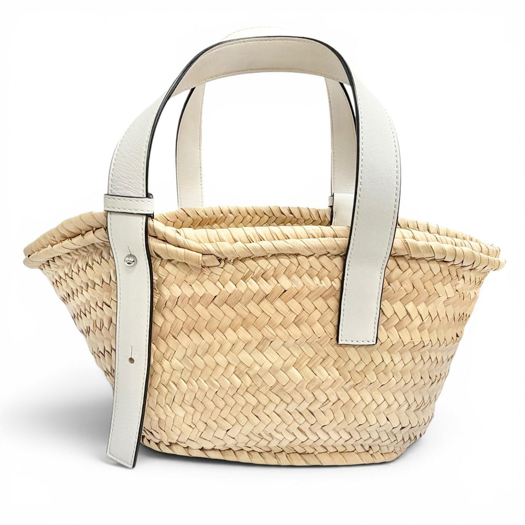 極美品△LOEWE ロエベ A223S93X04 バスケットバッグ スモール パームリーフ レザー アナグラム カゴバッグ ハンドバッグ ナチュラル 白
