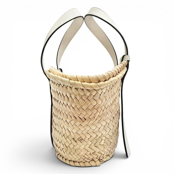 極美品△LOEWE ロエベ A223S93X04 バスケットバッグ スモール パームリーフ レザー アナグラム カゴバッグ ハンドバッグ ナチュラル 白