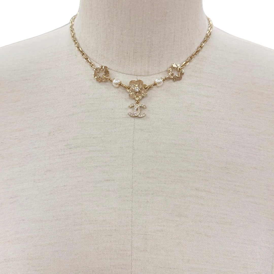 美品◇CHANEL シャネル I25C ABE965 ラインストーン パール ココマーク フラワーモチーフ ネックレス ゴールド イタリア製 レディース
