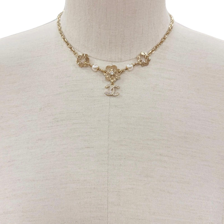 美品◇CHANEL シャネル I25C ABE965 ラインストーン パール ココマーク フラワーモチーフ ネックレス ゴールド イタリア製 レディース