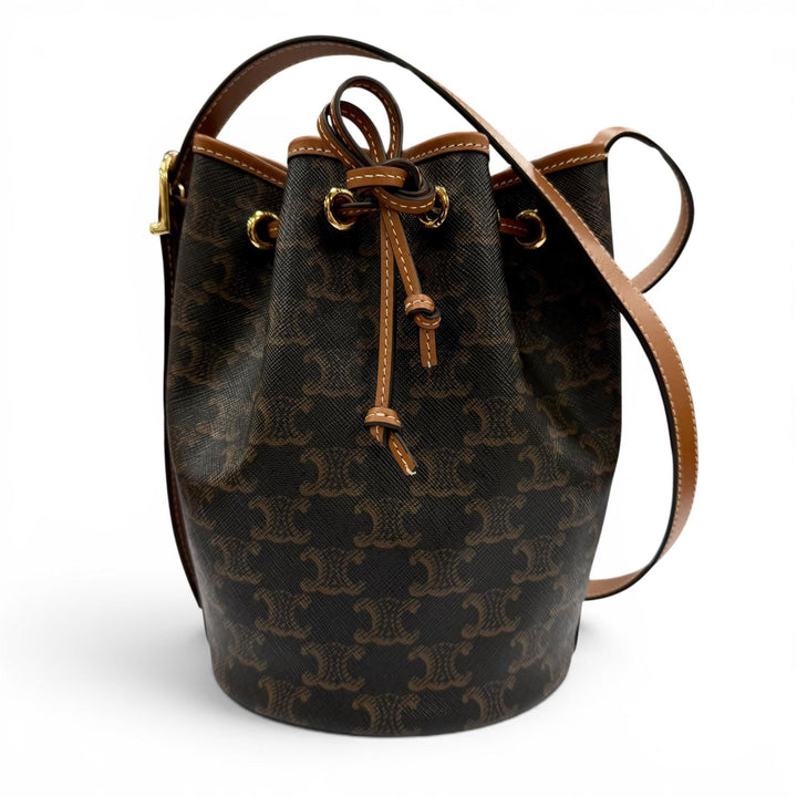 極美品☆CELINE セリーヌ 19114 トリオンフ スモール ドローストリング ショルダーバッグ トリオンフキャンバス タン イタリア製 保袋付