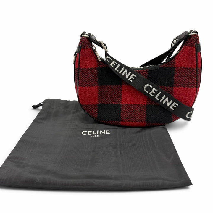 極美品☆CELINE セリーヌ 19696 ミディアム アヴァ チェック ショルダーバッグ レザー使い ロゴショルダー レッド ブラック イタリア製