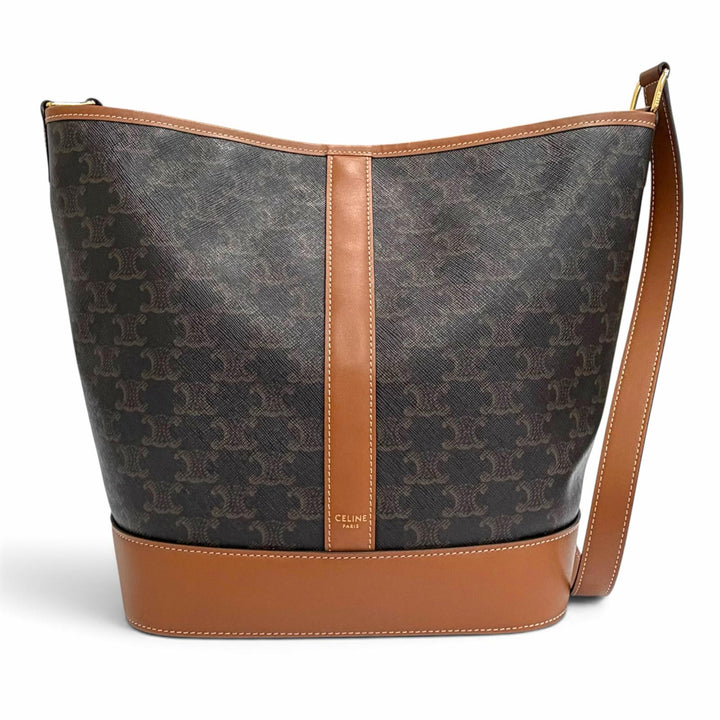 美品△CELINE セリーヌ 19113 ミディアム バケット トリオンフキャンバス カーフスキン タン ショルダーバッグ ブラウン 伊製 レディース