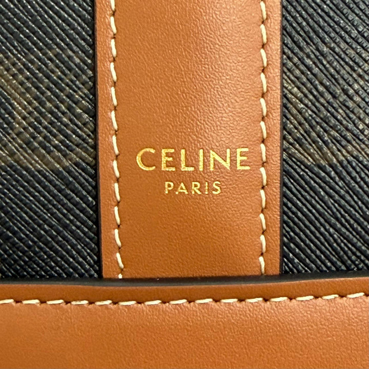 美品△CELINE セリーヌ 19113 ミディアム バケット トリオンフキャンバス カーフスキン タン ショルダーバッグ ブラウン 伊製 レディース