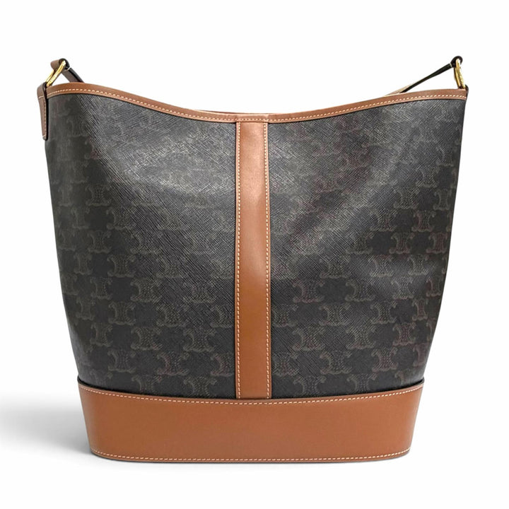 美品△CELINE セリーヌ 19113 ミディアム バケット トリオンフキャンバス カーフスキン タン ショルダーバッグ ブラウン 伊製 レディース