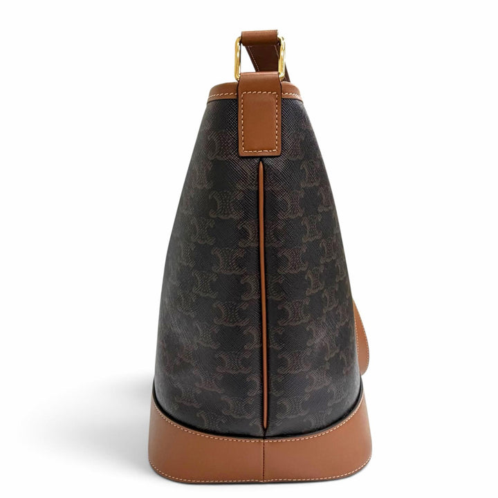 美品△CELINE セリーヌ 19113 ミディアム バケット トリオンフキャンバス カーフスキン タン ショルダーバッグ ブラウン 伊製 レディース