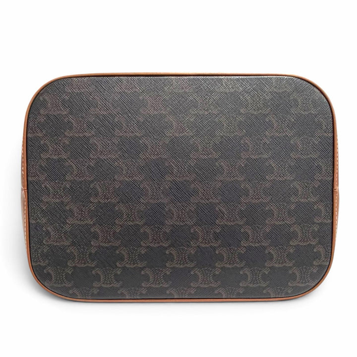 美品△CELINE セリーヌ 19113 ミディアム バケット トリオンフキャンバス カーフスキン タン ショルダーバッグ ブラウン 伊製 レディース