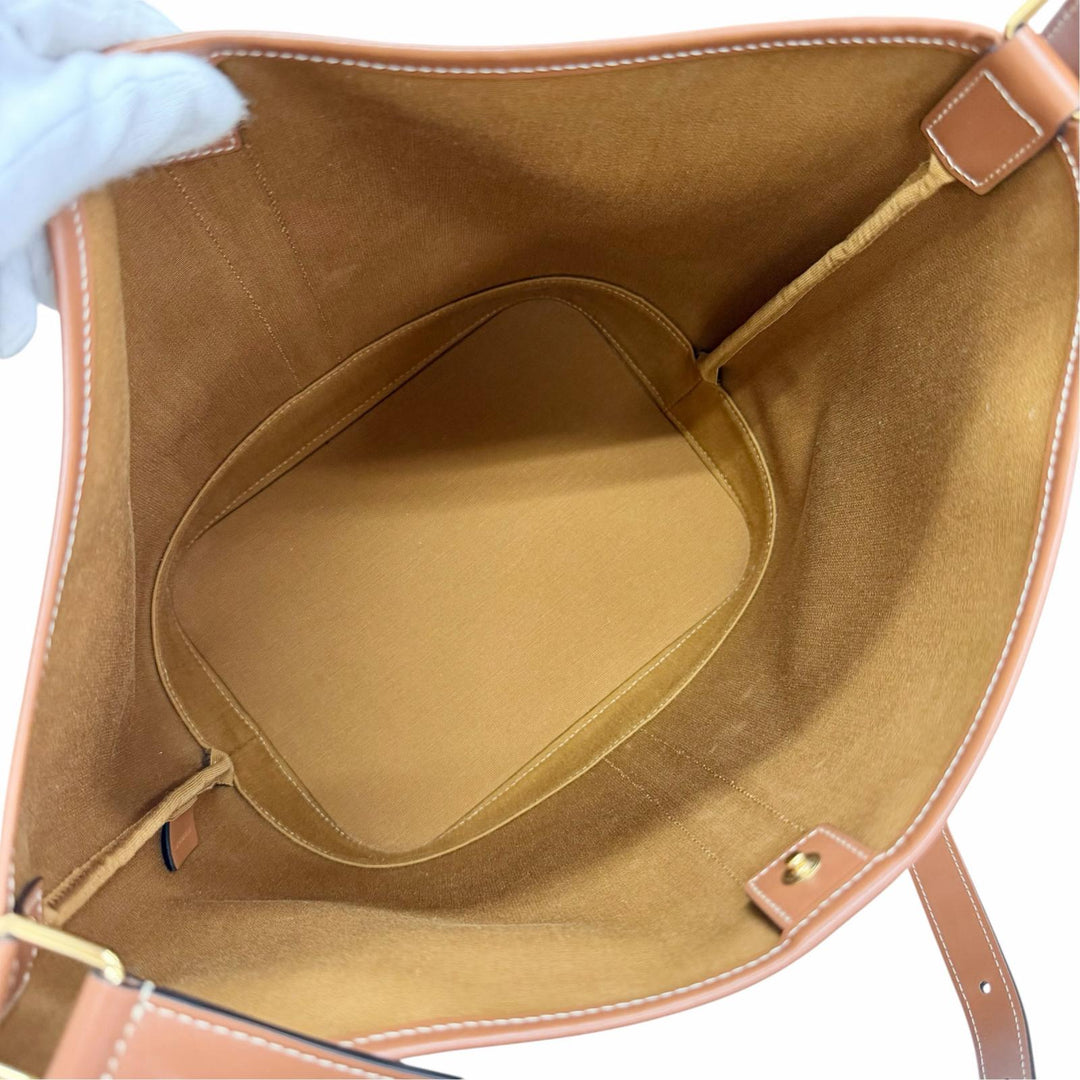 美品△CELINE セリーヌ 19113 ミディアム バケット トリオンフキャンバス カーフスキン タン ショルダーバッグ ブラウン 伊製 レディース