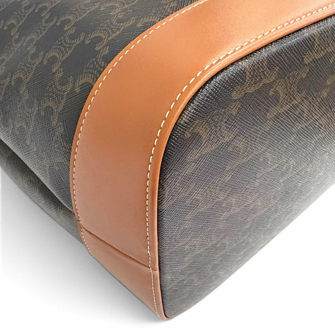 美品△CELINE セリーヌ 19113 ミディアム バケット トリオンフキャンバス カーフスキン タン ショルダーバッグ ブラウン 伊製 レディース