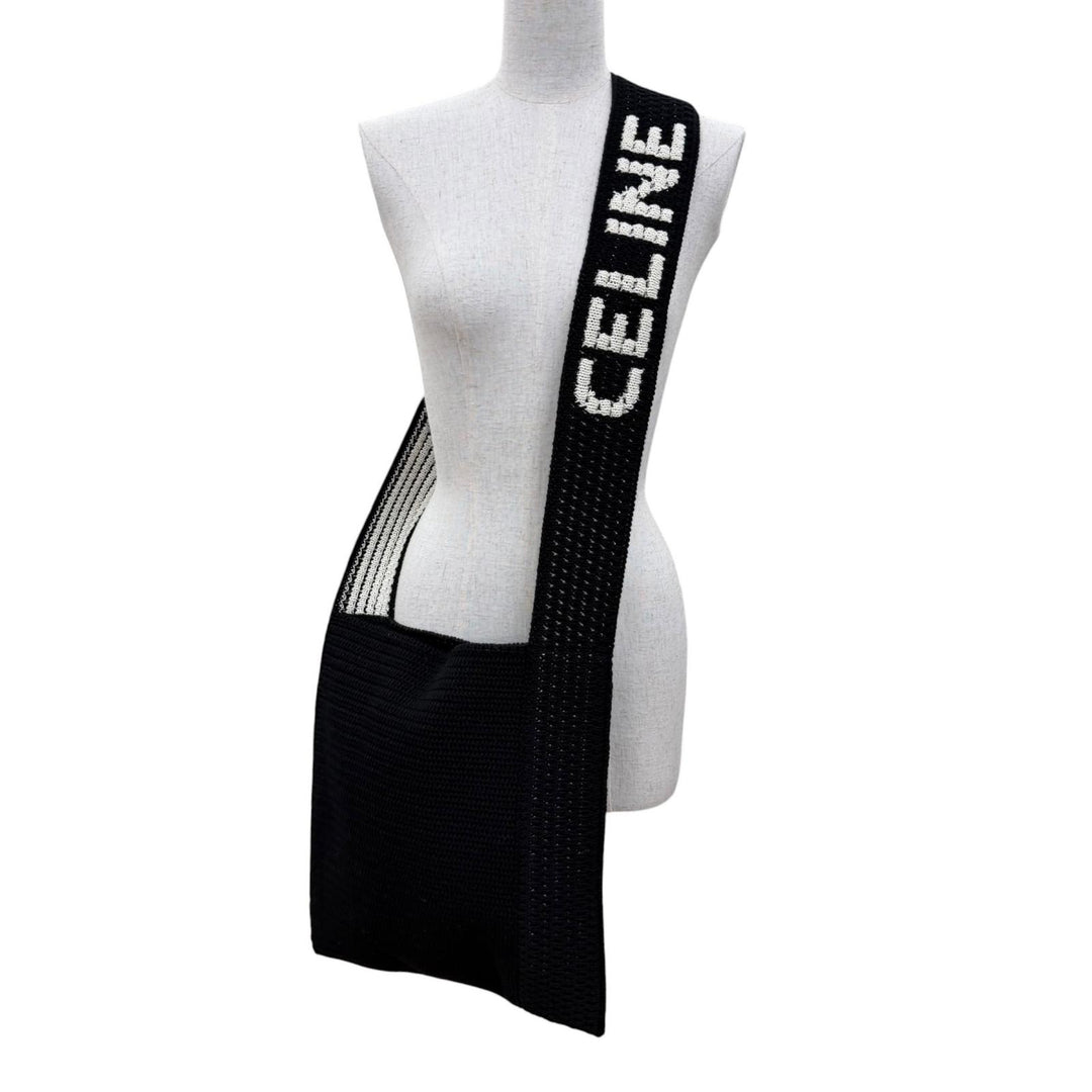 未使用品☆CELINE セリーヌ 2ADCS817X クロシェ ニット ショルダーバッグ コットン ロゴ刺繍 ブラック ホワイト イタリア製 正規品