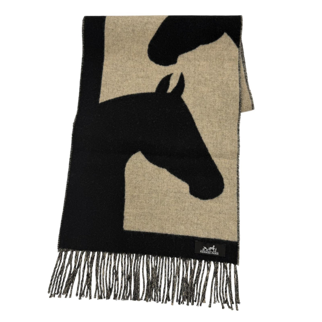 極美品☆HERMES エルメス ラブストーリー マフラー カシミヤ100％ フリンジ付 ホース柄 馬柄 ブラック ベージュ レディース 箱付き
