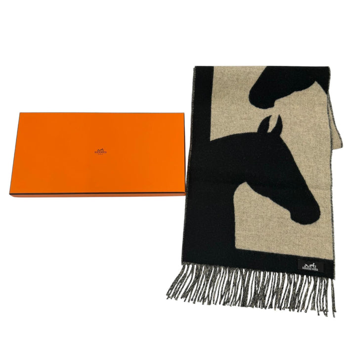 極美品☆HERMES エルメス ラブストーリー マフラー カシミヤ100％ フリンジ付 ホース柄 馬柄 ブラック ベージュ レディース 箱付き