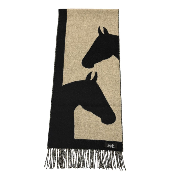極美品☆HERMES エルメス ラブストーリー マフラー カシミヤ100％ フリンジ付 ホース柄 馬柄 ブラック ベージュ レディース 箱付き
