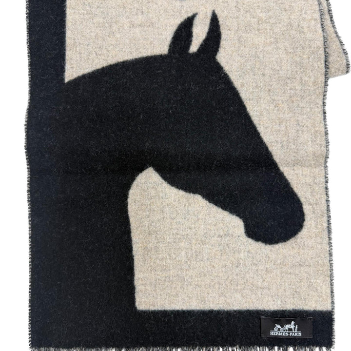 極美品☆HERMES エルメス ラブストーリー マフラー カシミヤ100％ フリンジ付 ホース柄 馬柄 ブラック ベージュ レディース 箱付き