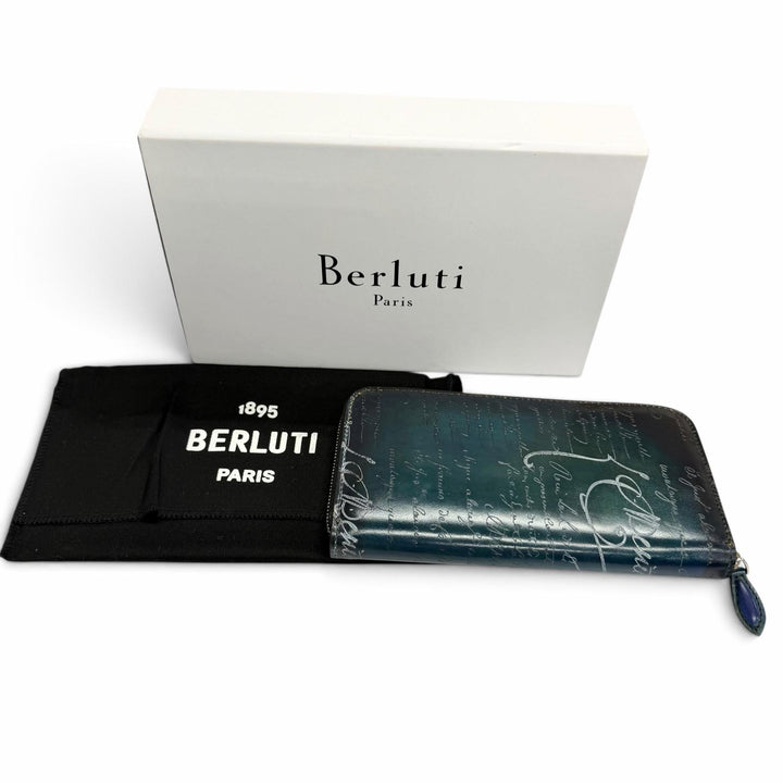 未使用品□BERLUTI ベルルッティ 2023年製 イタウバ シルバーパティーヌ カリグラフィ スクリット 長財布 ターコイズブルー イタリア製