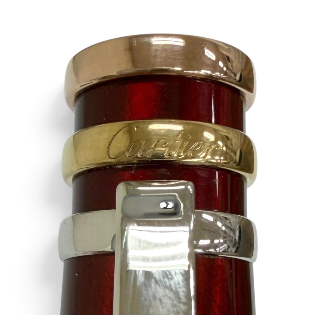 美品□Cartier カルティエ ペン先18K Mニブ トリニティ ドゥ カルティエ キャップ式 万年筆 ステーショナリー ボルドー ドイツ製 メンズ