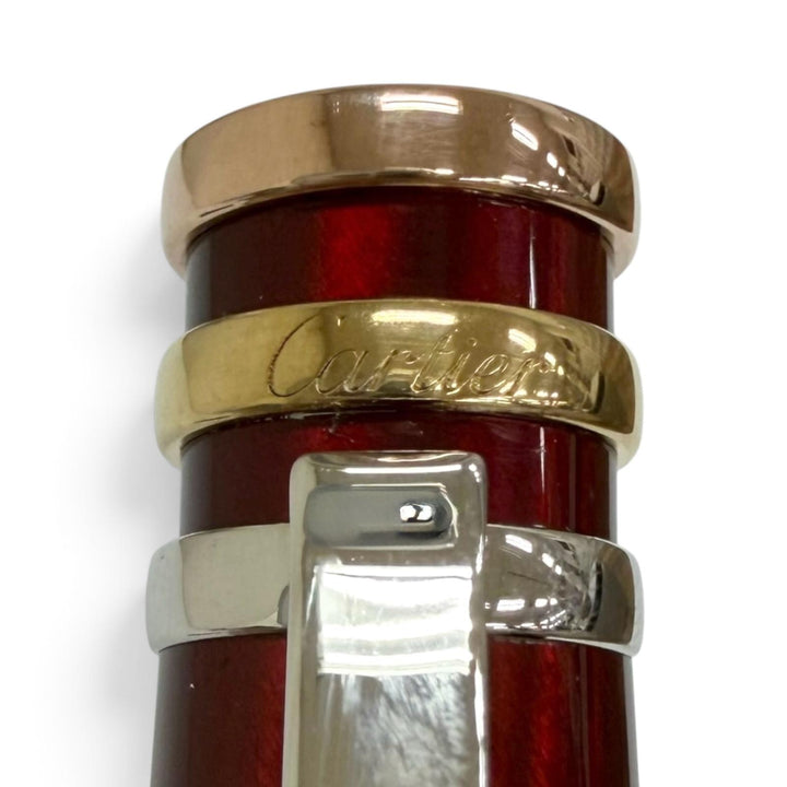 美品□Cartier カルティエ ペン先18K Mニブ トリニティ ドゥ カルティエ キャップ式 万年筆 ステーショナリー ボルドー ドイツ製 メンズ
