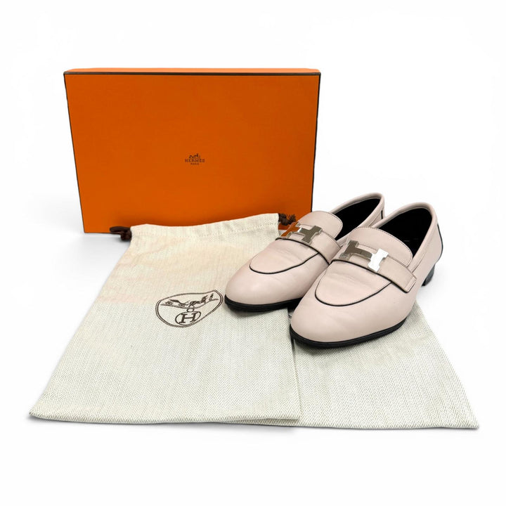 美品★HERMES エルメス モカシン パリ シルバー金具 H金具付 レザー ローファー ピンク 35.5 イタリア製 レディース 箱・保存袋付き