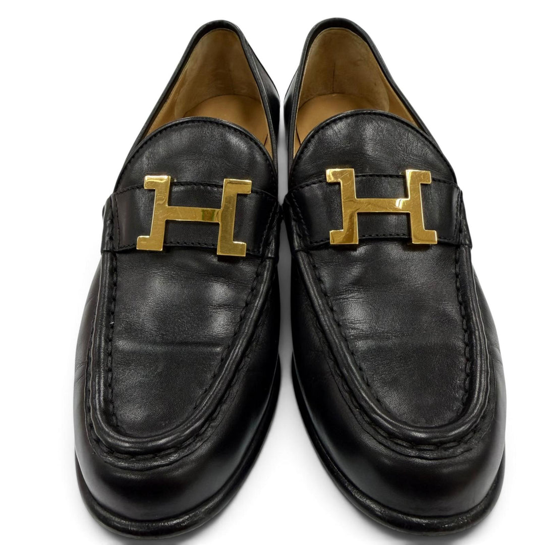 美品☆HERMES エルメス コンスタンス ゴールド金具 Hロゴ金具 レザー ヒールローファー パンプス ブラック 35.5 イタリア製 レディース